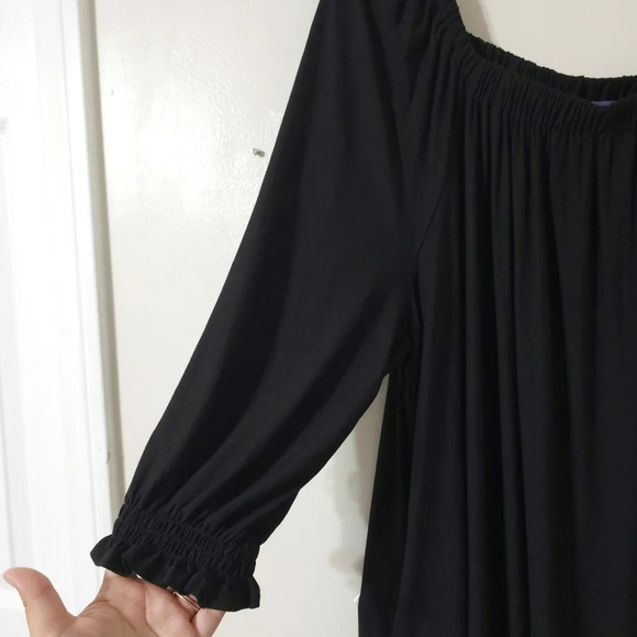 DEMOCRACY 3/4 Smocked Sleeves Square Neck Black Shift Dress, Eyelet Hem, 3X - Picture 4 of 16